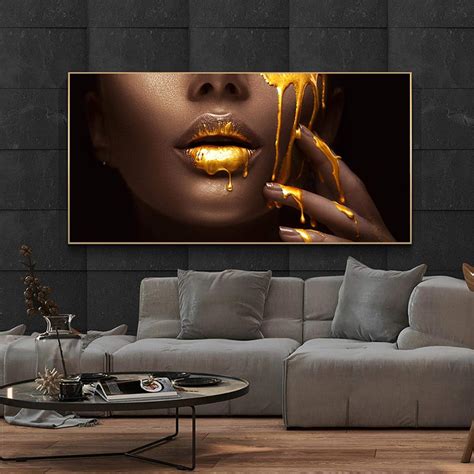 Hongc Drucke Auf Leinwand Golden Sexy Lips Moderne Kunst Poster Und Drucke Afrikanische Frau