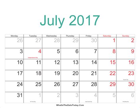 July 2017 Calendar Printable With Holidays Whatisthedatetodaycom