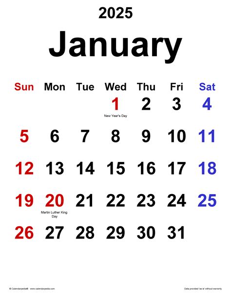 January 2025 Calendar Word Template
