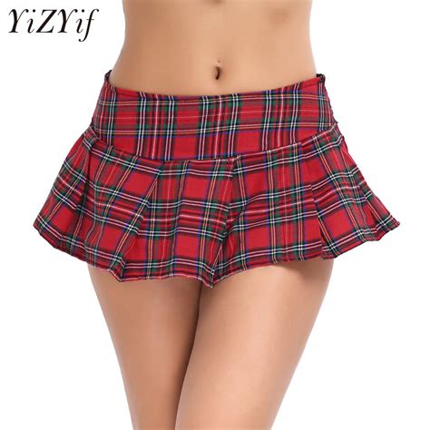 Yizyif Sexy Cosplay Schoolgirl Micro Mini Skirt Plaid Role