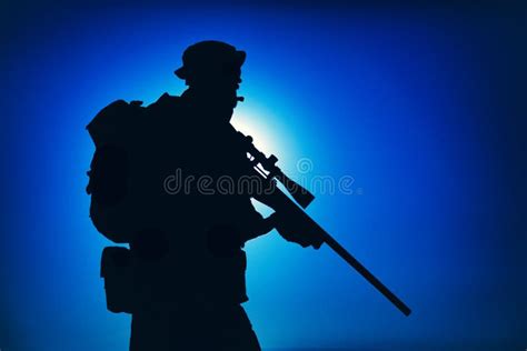Silhouette Of Sniper With Rifle On Night Patrol Stock Photo Image Of