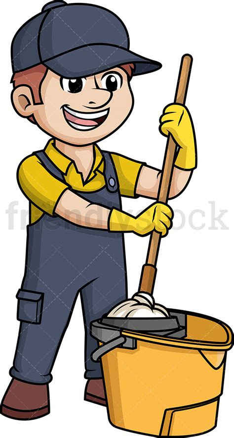 Male Janitor With Mop Bucket Cartoon Clipart Vector