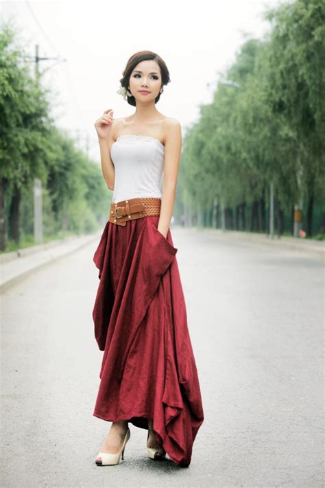 Red Maxi Linen Skirt Long Skirt Feminine Unique Design Etsy