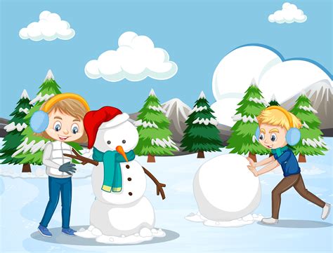 Scene With Kids Making Snowman In The Snow Field 1178838 Vector Art At