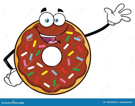 cute chocolate donut cartoon mascot character with sprinkles waving stock vector illustration