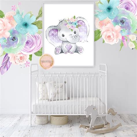 Purple Elephant Wall Art Print Nursery Baby Girl Room Feather
