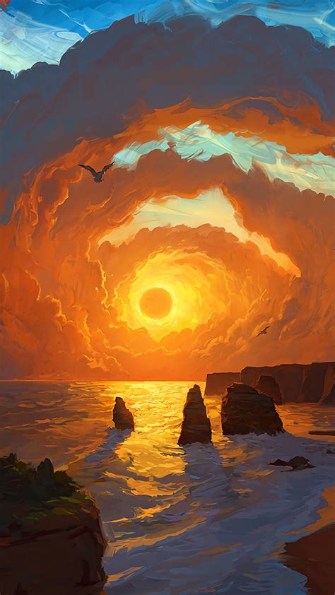 Download Wallpaper 938x1668 Sea Sunset Art Rocks Sky Clouds