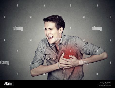 Adult Man Suffering From Severe Sharp Heartache Chest Pain Heart