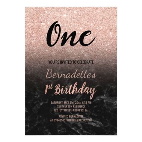 Faux Rose Gold Glitter Black Marble First Birthday Invitation First