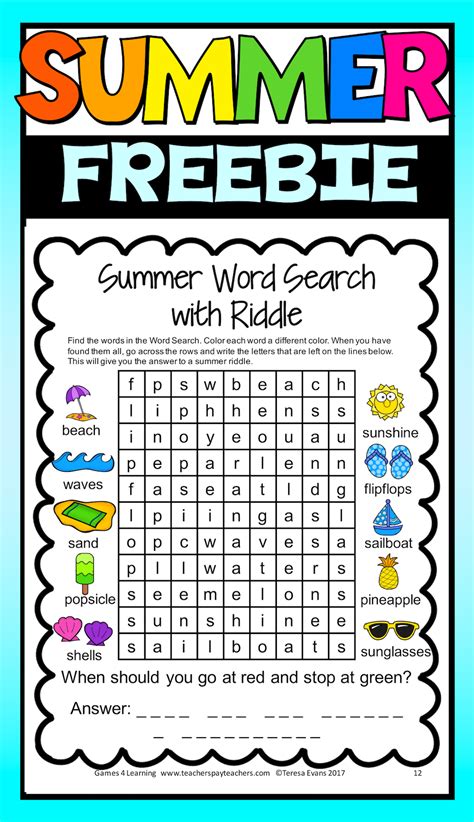 Free Summer Activities Word Search Math Games Writing End Of Year