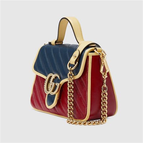 Gg Marmont Mini Top Handle Bag In Blue And Red Leather Gucci Us