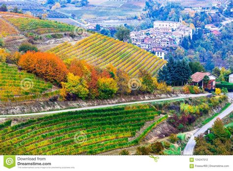 View Of Vineyards And Villages In Autumn Colors In North Italy Stock