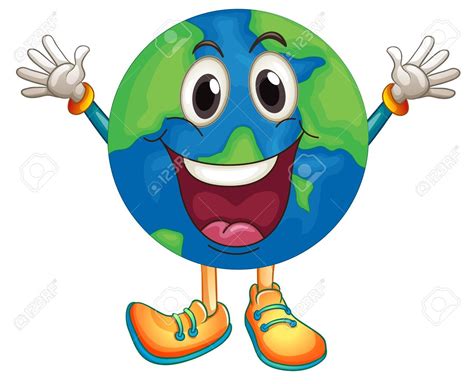 A Happy Earth Cartoon Character Holding His Hands Up In The Air With Both Hands And Smiling