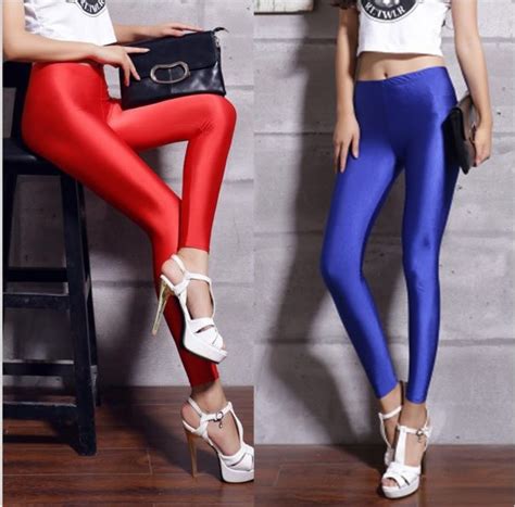 Lycra Polyester Women Leggings Colors Neon Spandex Leggings High Waist Stretch Skinny Shiny