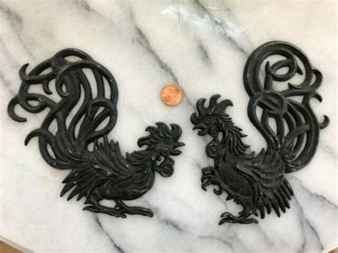 vintage sexton metal rooster chicken pair wall plaque black mid cent farmhouse ebay