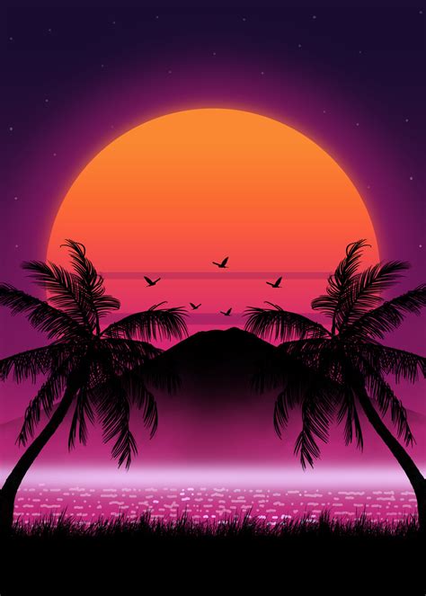 Künstlerische Illustrasjon 80s Palm Tree Sunset Europosters