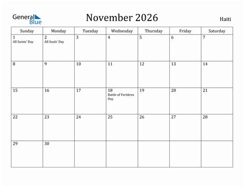 November 2026 Monthly Calendar With Haiti Holidays
