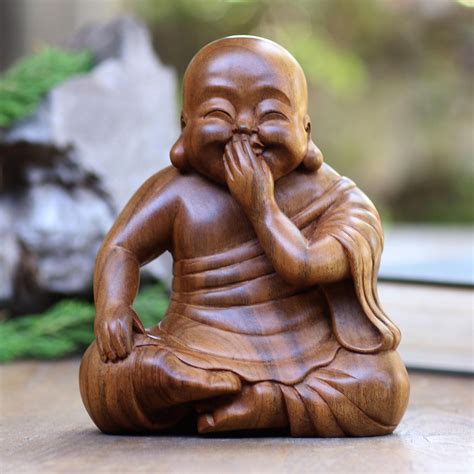Unicef Market Laughing Chinese Buddha Suar Wood Statuette Laughing