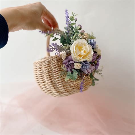 Flower Girl Baskets Lavender Small Basket With Faux Flowers Etsy