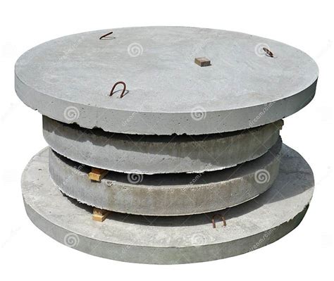 Stack Of Industrial Round Concrete Hatches For The Sewerage Sys Stock