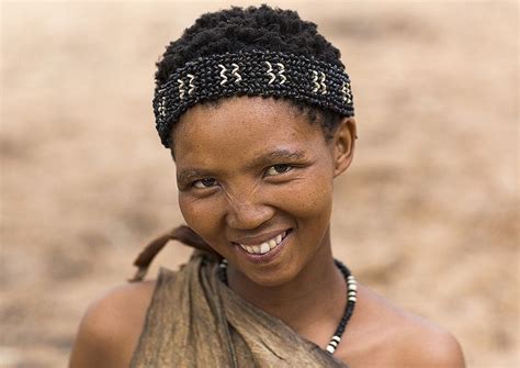 bushman woman with beaded traditional headdress tsumkwe namibia african people khoisan
