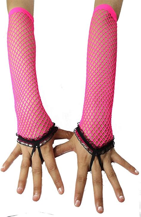 Yiteng Neon Fingerless Fishnet Gloves With Ruffle Costume Party