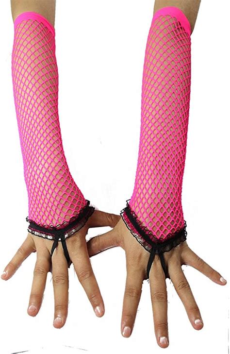 YiTeng Neon Fingerless Fishnet Gloves With Ruffle Costume Party