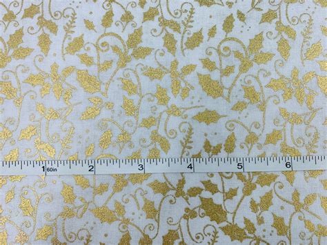 Christmas Metallic Gold Holly Fabric Holiday Fabric Cotton Etsy