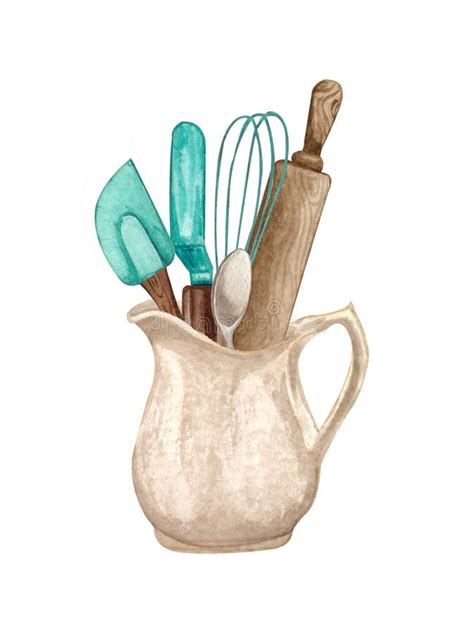 baking watercolor illustration with kitchen utensils in a clay jag polling pin whisk spoon on