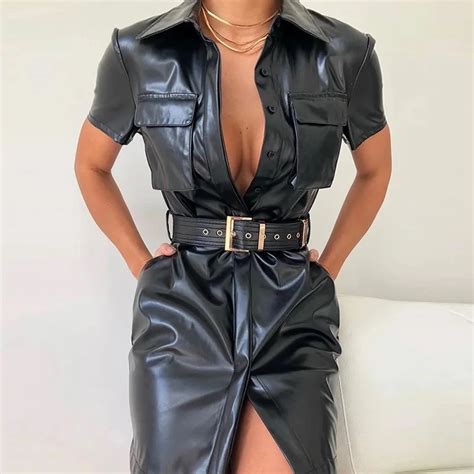 Sexy Leather Dress Women Plus Size Short Sleeve Elegant Dark High Split