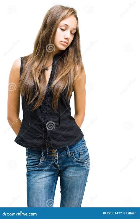 Herrliches Junges Brunettem Dchen Das In Den Jeans Aufwirft Stockfoto Bild Von Getrennt