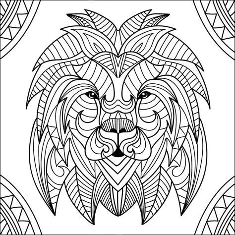 Tête de lion et motifs  Lions  Coloriages difficiles pour adultes
