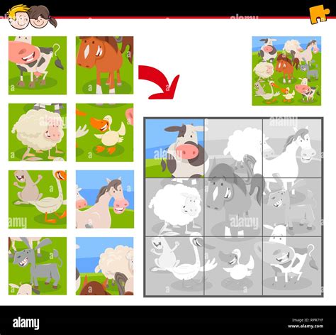 Cartoon Illustration Of Educational Jigsaw Puzzle Game For Kids With