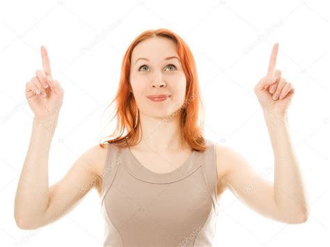 Portrait Of Young Woman Pointing Up — Stock Photo © Khamidulin 11463801