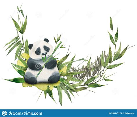 Cute Panda Eats Bamboo Surrounded By Leaves And Branches Watercolor