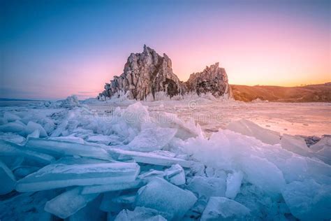 Rock On Freeze Water Lake Baikal Russia Winter Season Stock Photo