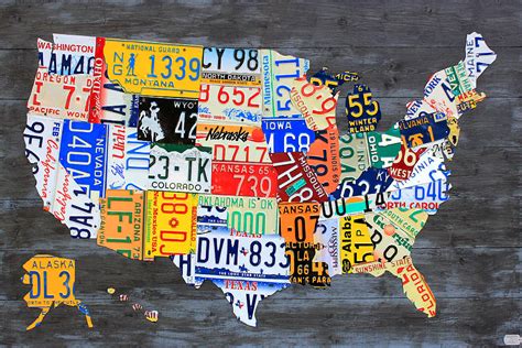 License Plate Map Of The Usa On Gray Reclaimed Wood Vintage Recycled