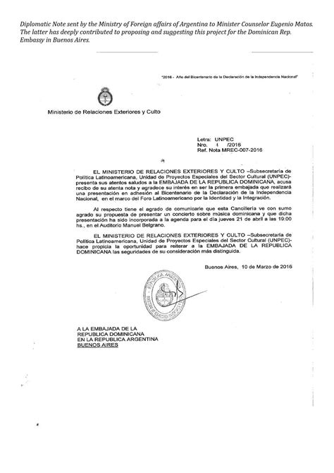 Diplomatic Note Sent By The Ministry Of Foreign Affairs Of Argentina To
