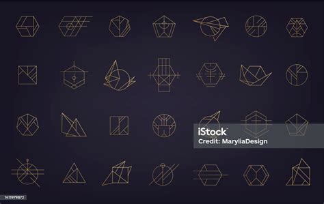 추상 기하학적 아이콘의 벡터 집합입니다 아르 데코 힙스터 골든 라인 스타일 원 삼각형 다각형 선형 형상 아즈텍 마법 비열한