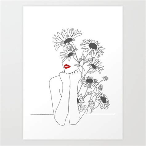 Download Minimal Line Art Girl with Sunflowers Art Print by nadja1 ...