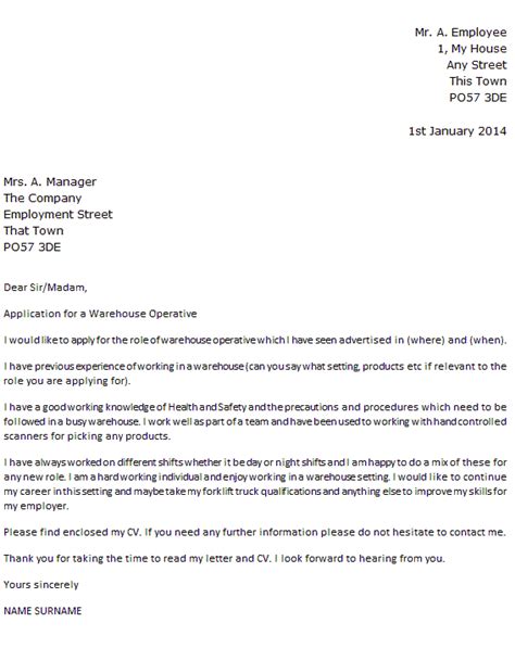 It gives job seekers the opportunity to elaborate on work experience, explain their goals, and show. Warehouse Operative Cover Letter Example - icover.org.uk ...