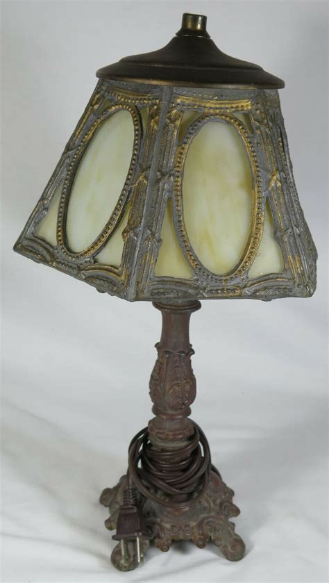 Vintage Antique Art Nouveau Slag Glass Table Lamp 6 Panel Shade