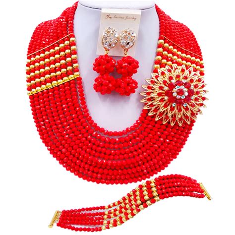 Aczuv Opaque Red African Jewelry Set Nigerian Beads Necklace 10c 2 2p