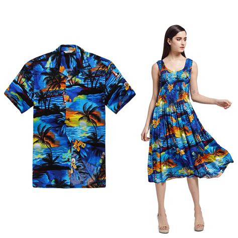 Couple Matching Hawaiian Luau Aloha Shirt Elastic Tank Dress In Sunset