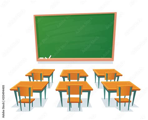 School Chalkboard And Desks Empty Blackboard Classroom Wooden Desk