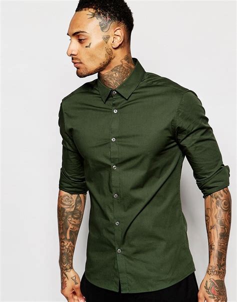 Asos Brand Skinny Shirt In Dark Green With Long Sleeves 33 Asos