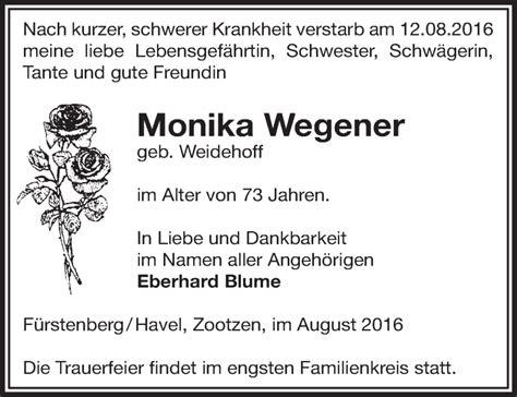 Traueranzeigen Von Monika Wegener M Rkische Onlinezeitung Trauerportal