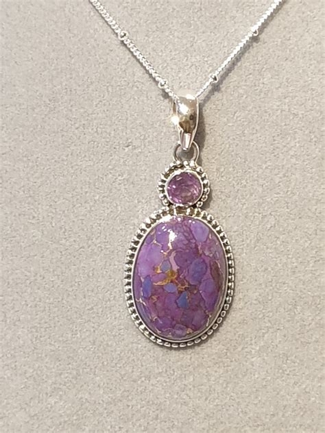 Purple Copper Turquoise Oval Pedant With Amethyst Accent Stone Silver 54