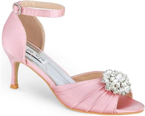 Ladies Rhinestones Wedding Shoes Pink Kitten Low Heels Sandals Court