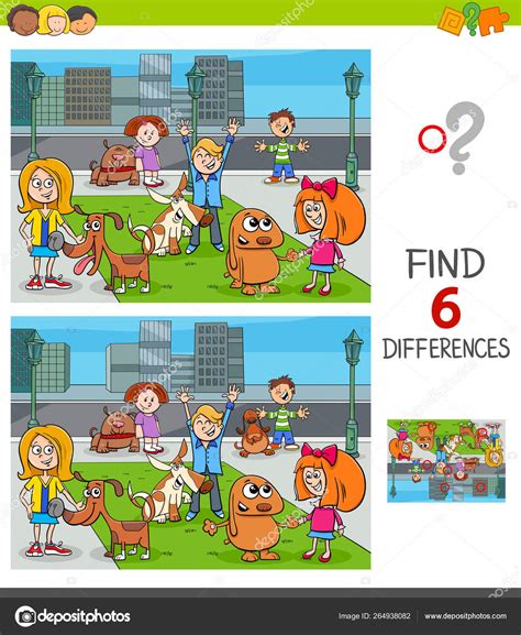 Find Differences Game With Kids And Dogs Group — Stock Vector